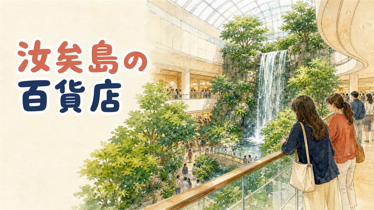 ザ・現代ソウルの吹き抜けにある屋内庭園と滝を見上げる情景