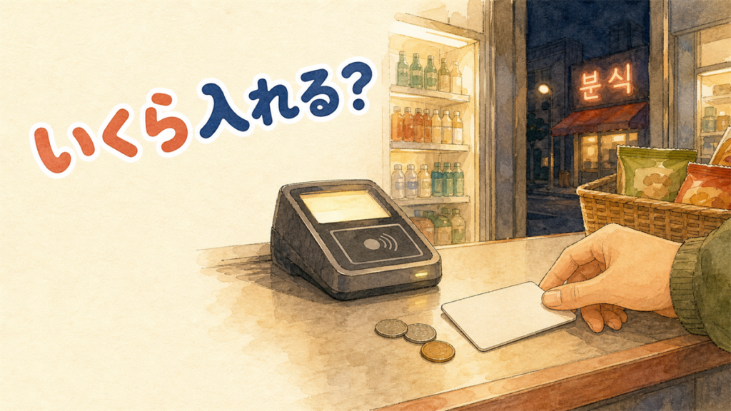 夜のコンビニのレジで、交通カードを1枚カウンターに置き、そばに小銭とカードリーダーがあるイラスト