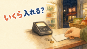 夜のコンビニのレジで、交通カードを1枚カウンターに置き、そばに小銭とカードリーダーがあるイラスト