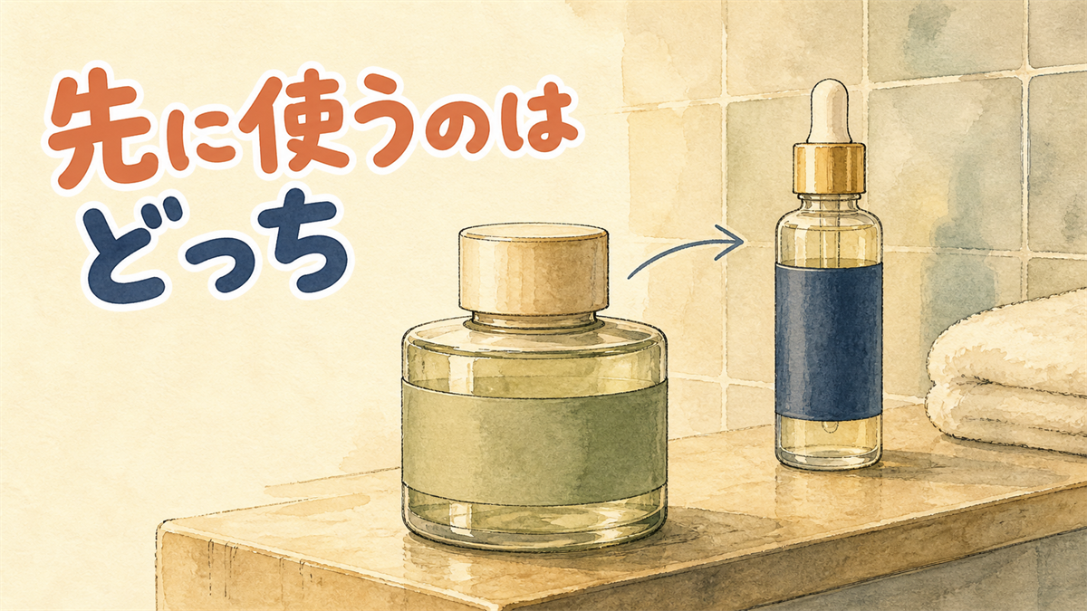 洗面台の棚に置かれたトナーとセラムの2本を、使う順番を示す矢印がつないでいるイラスト