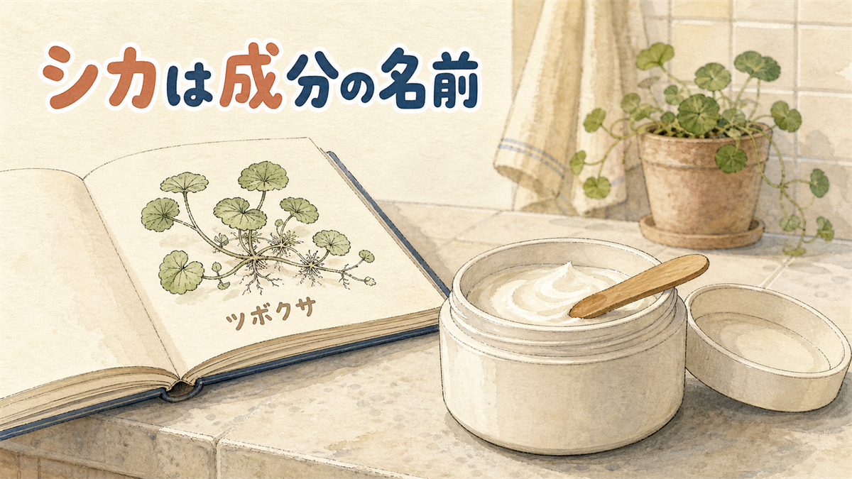 洗面台のクリームの容器と、ツボクサの葉を描いたスケッチブックが並んでいるイラスト