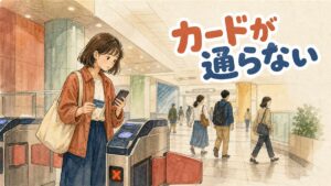 駅の改札の前でWOWPASSカードをタッチしようとしている旅行者のイラスト