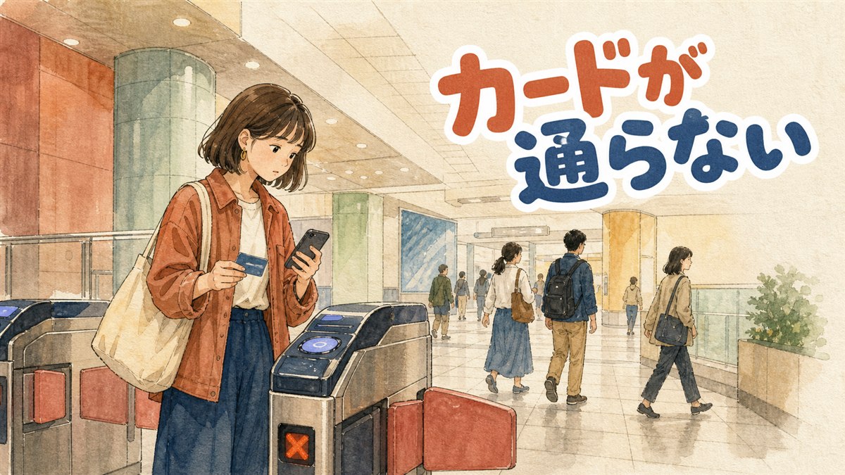 駅の改札の前でWOWPASSカードをタッチしようとしている旅行者のイラスト