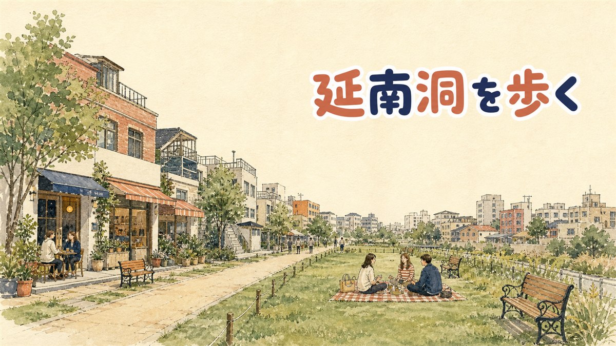 延南洞の京義線숲길を歩く人々と緑の遊歩道の情景