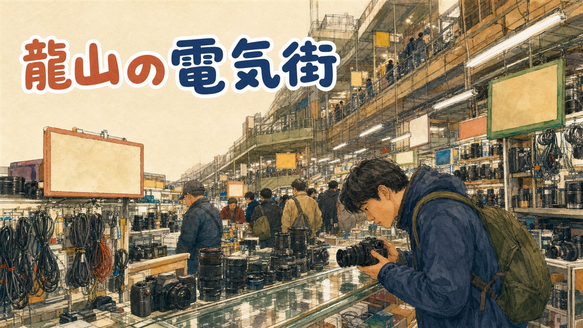 解体中の商街ビルの隣で、今も営業を続ける電子ランドの店先を歩く買い物客の情景