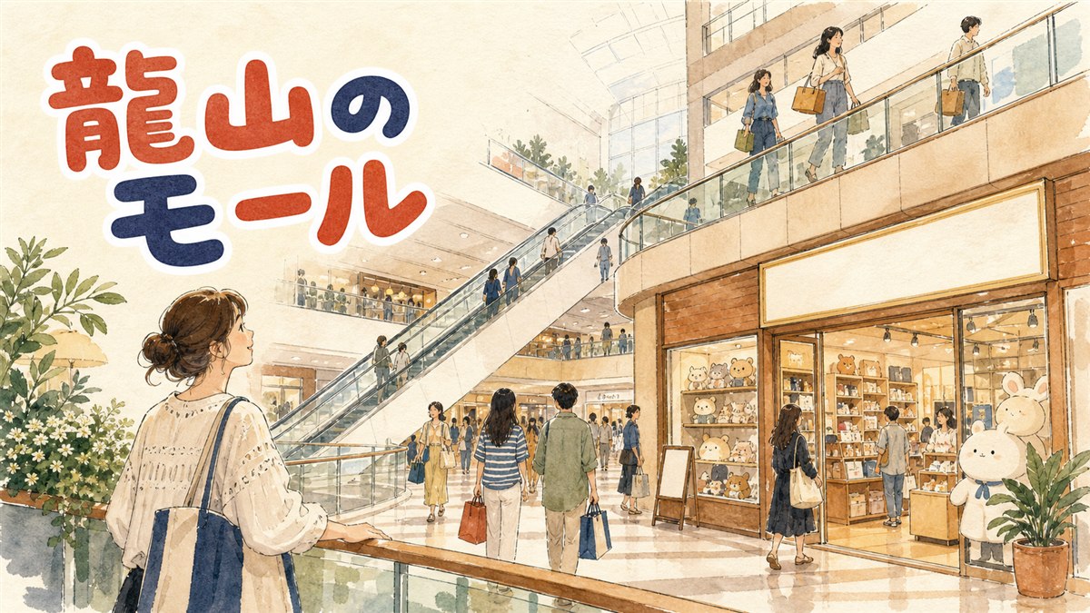 龍山アイパークモールの入り口付近でキャラクターグッズの陳列を眺める買い物客のイメージ