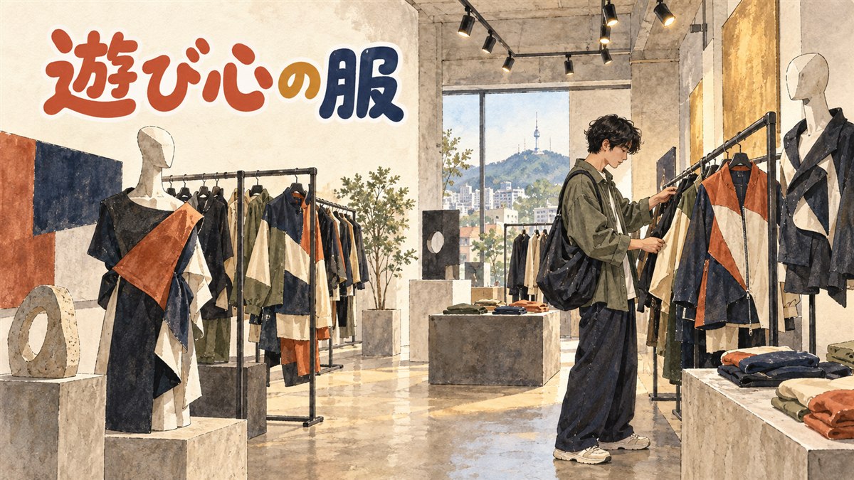 ソウル聖水にあるアーダーエラーの旗艦店ADER SPACEの外観と、日本の部屋で通販サイトから服を選ぶ人のイメージ