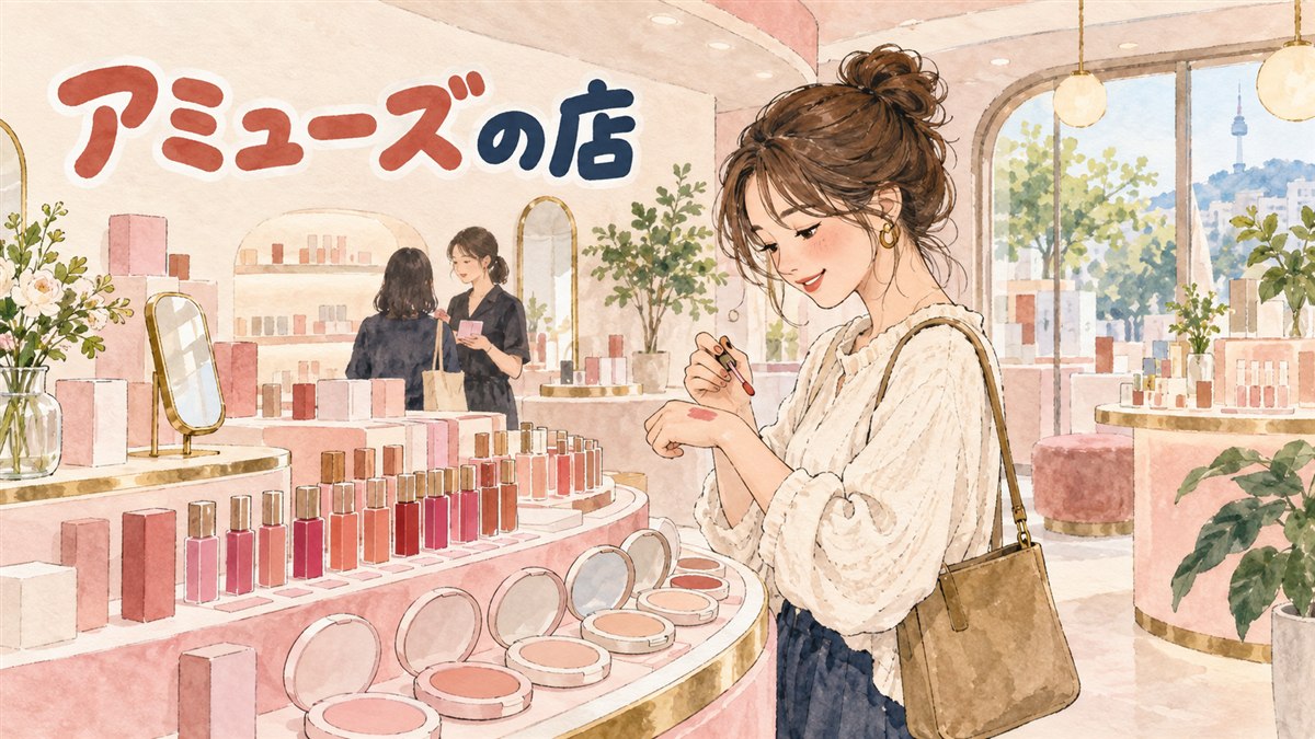 ソウル性水のAMUSEフラッグシップストアをイメージしたピンク基調の韓国コスメ路面店の外観