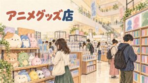 韓国のアニメイト店内でアニメグッズの棚を眺める旅行者の様子