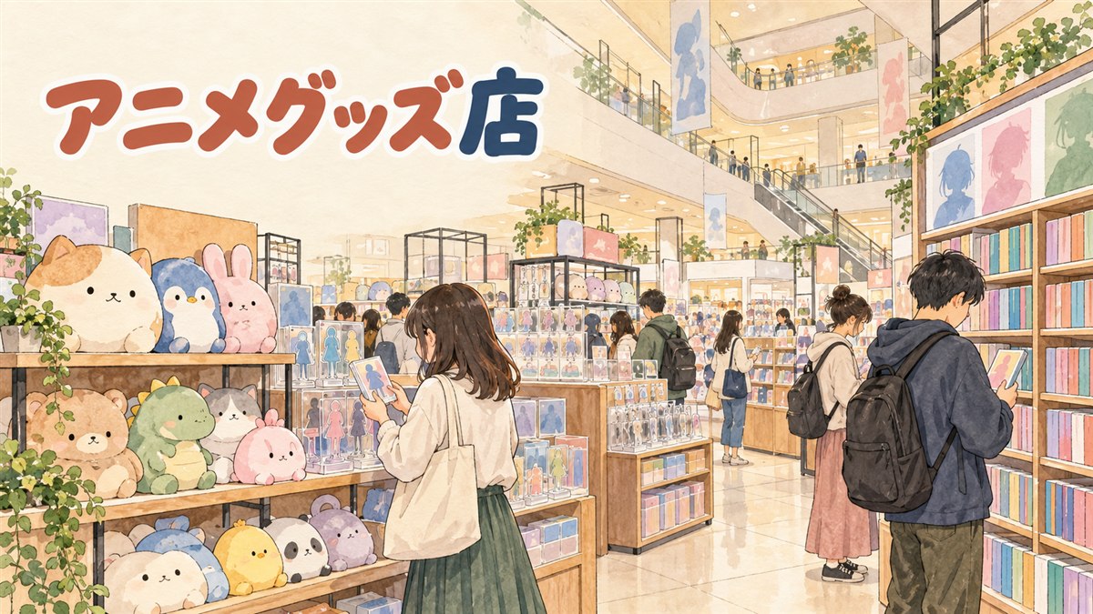 韓国のアニメイト店内でアニメグッズの棚を眺める旅行者の様子