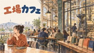 古い靴工場をそのまま活かした天井の高いコーヒースタンドの内観イメージ