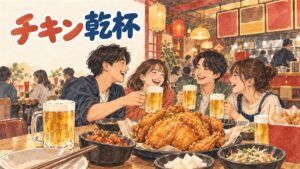 商業施設の一角にある韓国風フライドチキン店の外観とテイクアウトを待つ客の様子