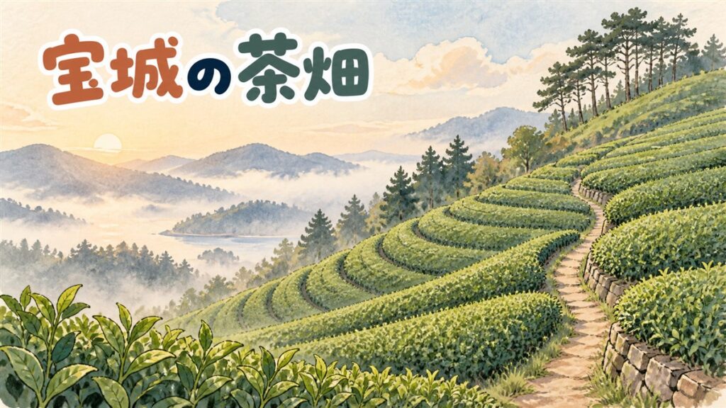 韓国・宝城の緑茶畑の段々畑を歩く旅行者のイメージ