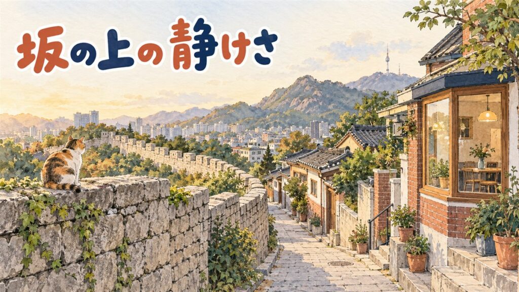 北岳山を背景にした付岩洞の坂道とカフェ街の風景