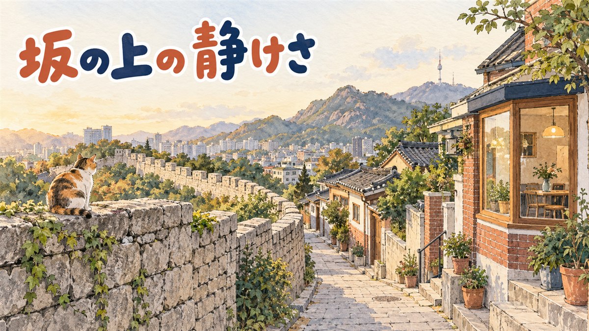 北岳山を背景にした付岩洞の坂道とカフェ街の風景