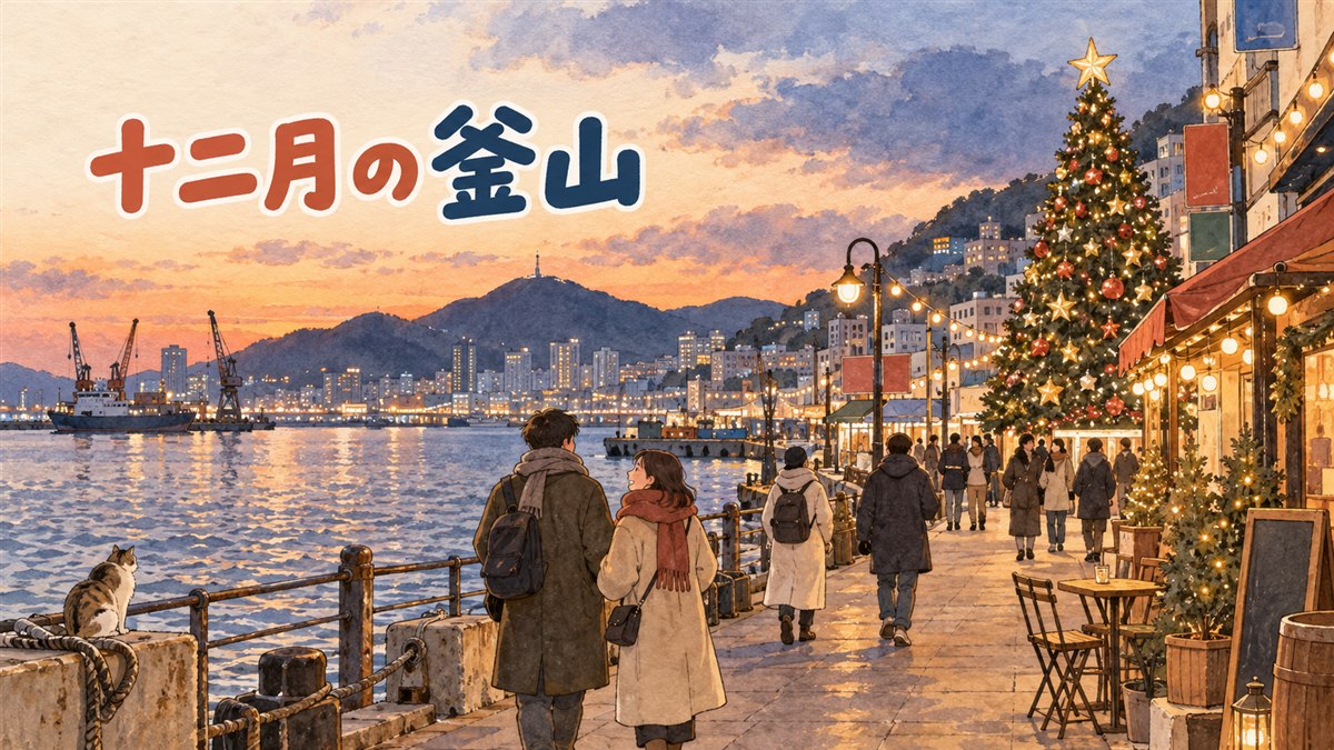 冬の釜山の海沿いを歩く旅行者、厚手のコート姿