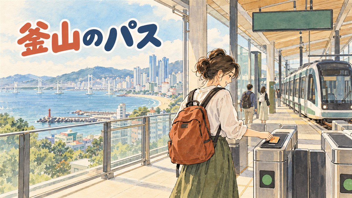 東白パスの交通系カードと釜山の地下鉄案内を見比べる旅行者のイメージ