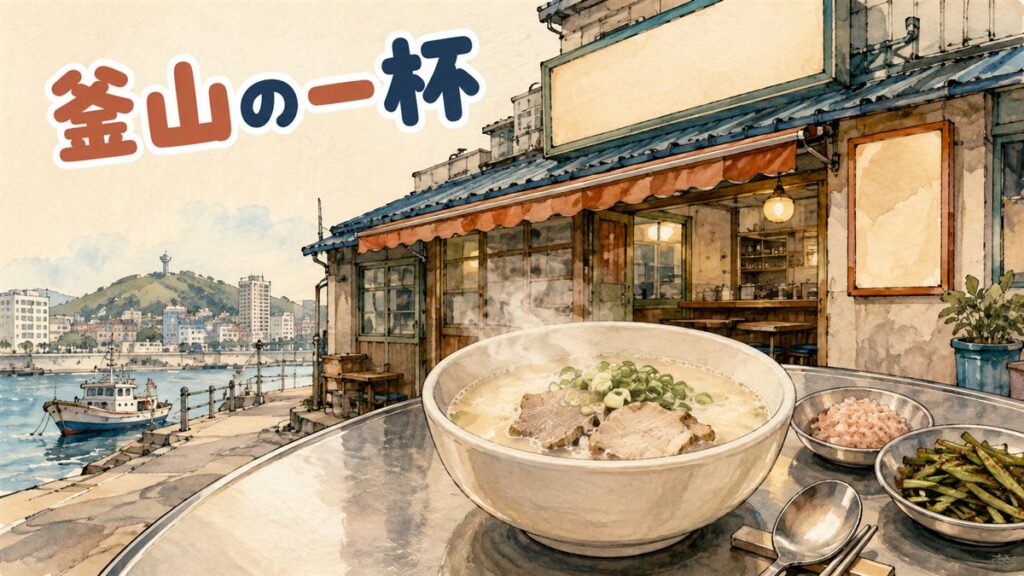 釜山の食堂でテジクッパの器を前にした情景
