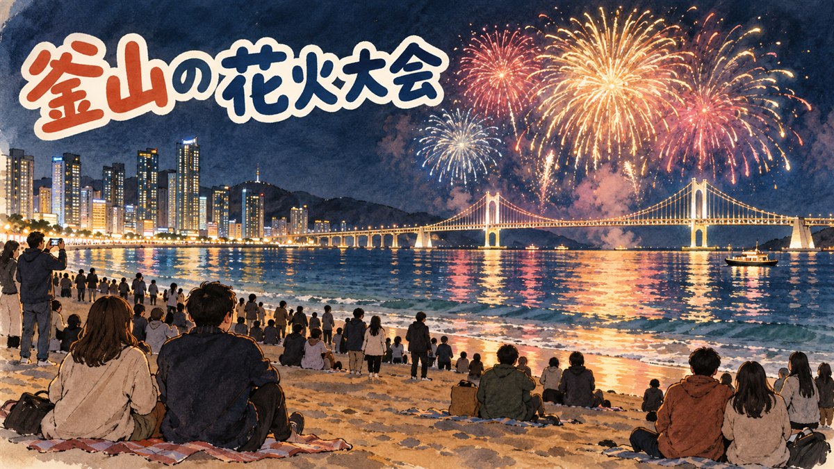 釜山・広安里の夜空に打ち上がる花火大会の様子