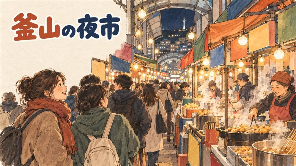 夜の釜山・富平カントン夜市の路地で屋台が並び人が行き交う情景