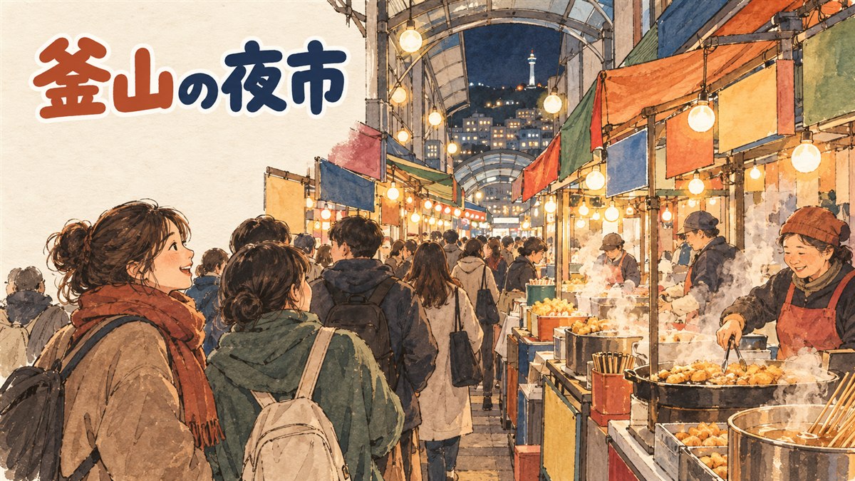 夜の釜山・富平カントン夜市の路地で屋台が並び人が行き交う情景