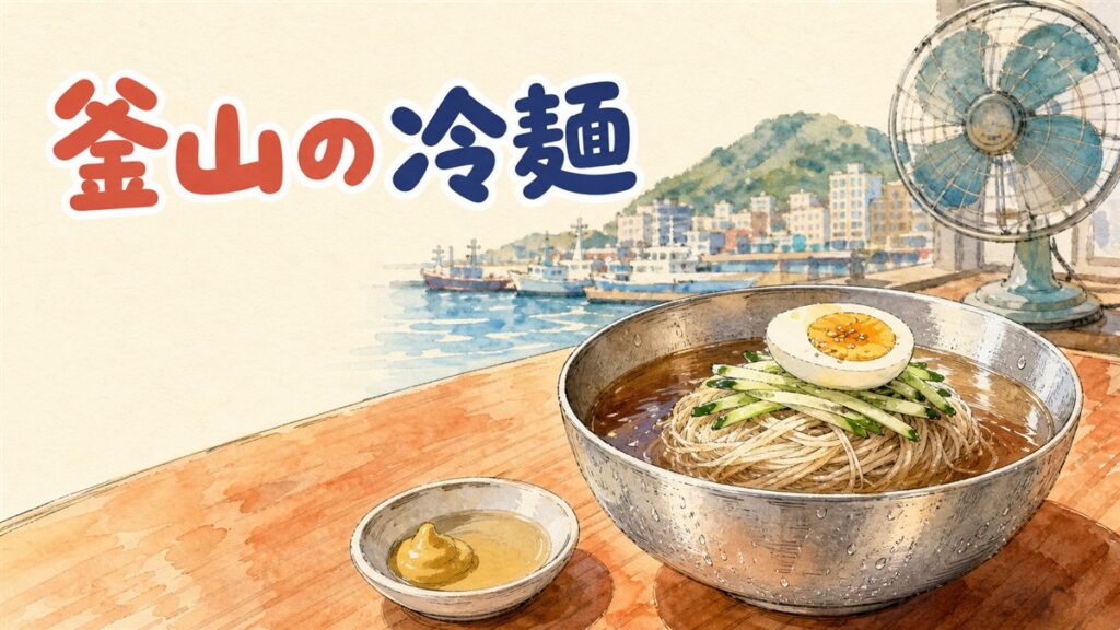 釜山の食堂でミルミョンとマンドゥを並べた食卓