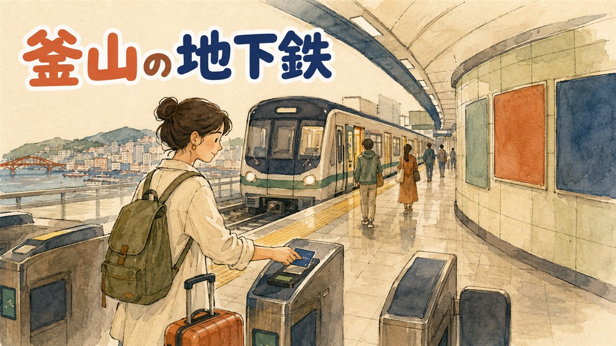 釜山の地下鉄駅ホームで交通カードを改札にかざして乗車する場面