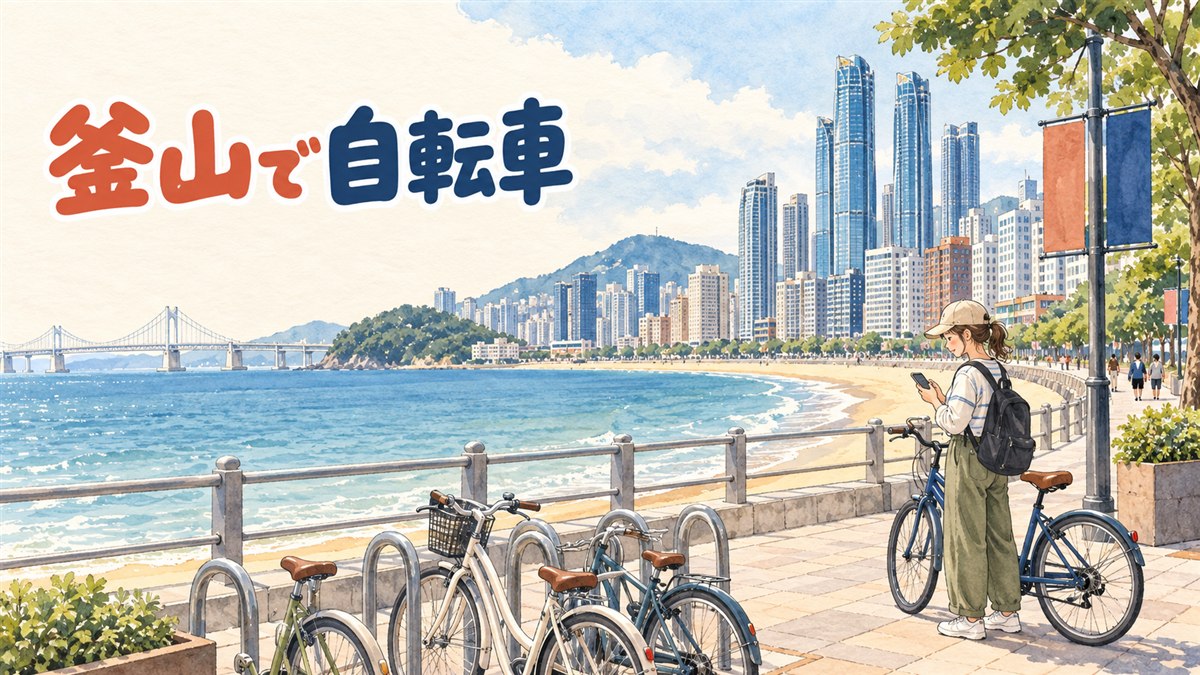 釜山の海沿いの道を歩く旅行者と電動キックボードが並ぶ街並みのイメージ