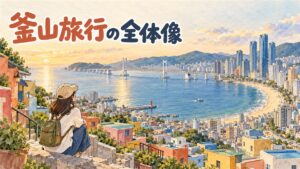 釜山の港と市街地を見渡す高台から、旅行者が地図を片手に行き方を選んでいる情景