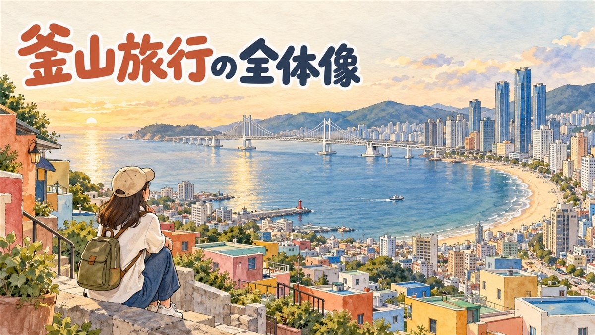 釜山の港と市街地を見渡す高台から、旅行者が地図を片手に行き方を選んでいる情景