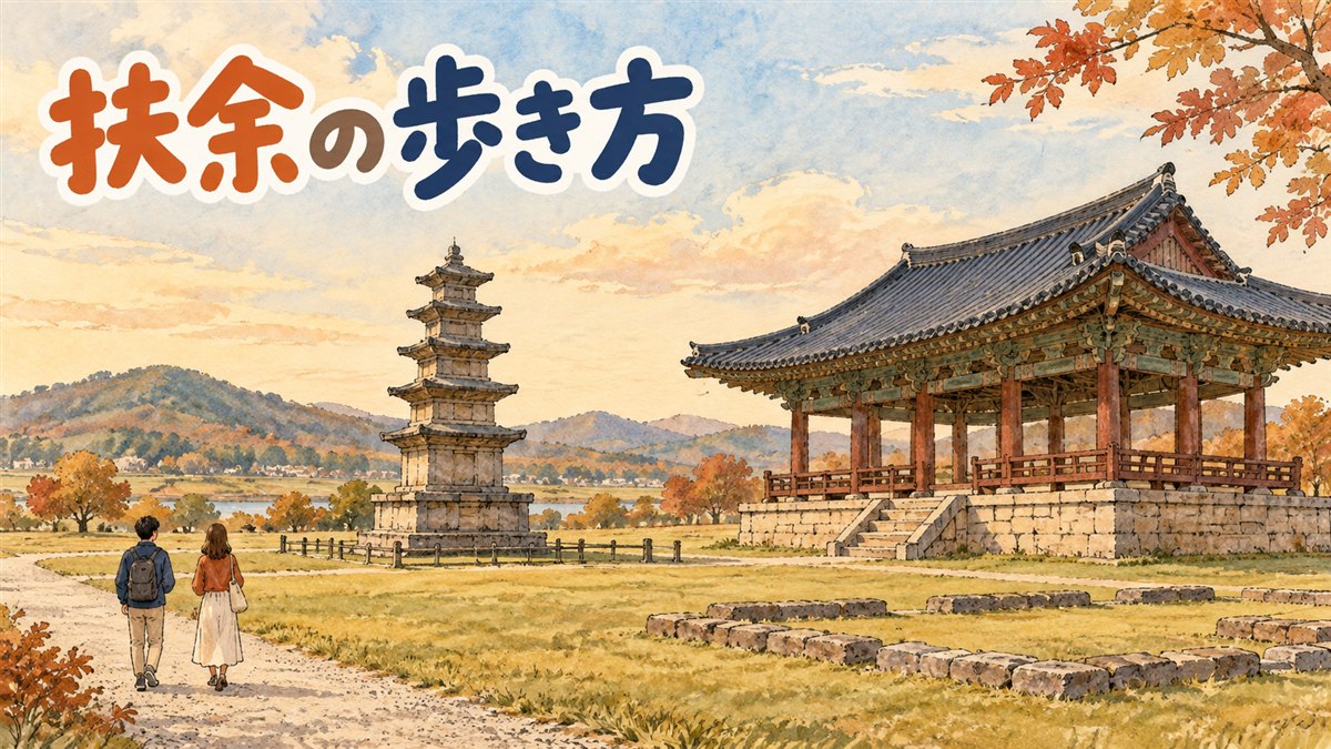 百済文化団地の再現された王宮建築を背景に、高速バスで訪れる旅行者のイメージ
