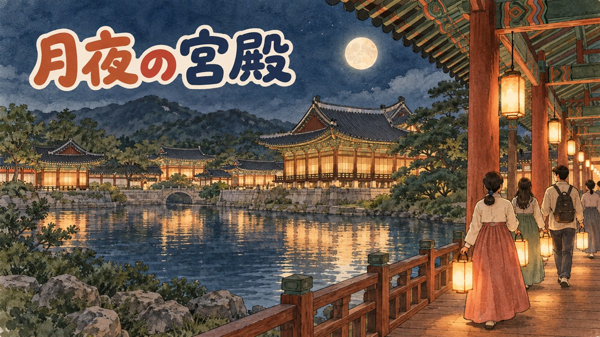 夜のライトアップされた韓国の宮殿の回廊を、案内係の後について歩く外国人観光客のグループ