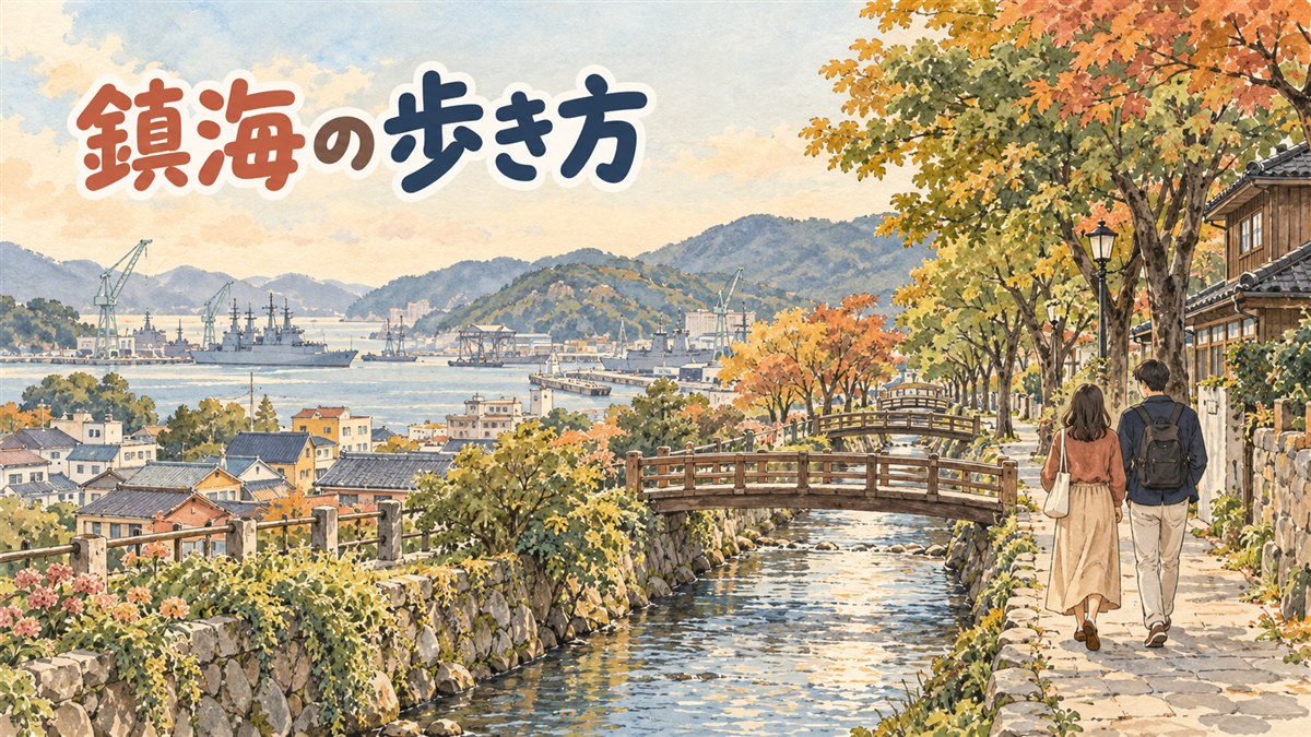 秋の鎮海、余佐川沿いの遊歩道と帝皇山公園のモノレールがある街の風景