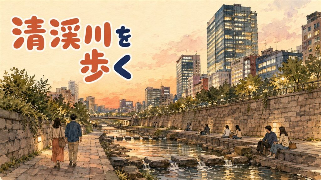 清渓川の起点、清渓広場から続く水辺の散策路と橋を歩く人々の様子