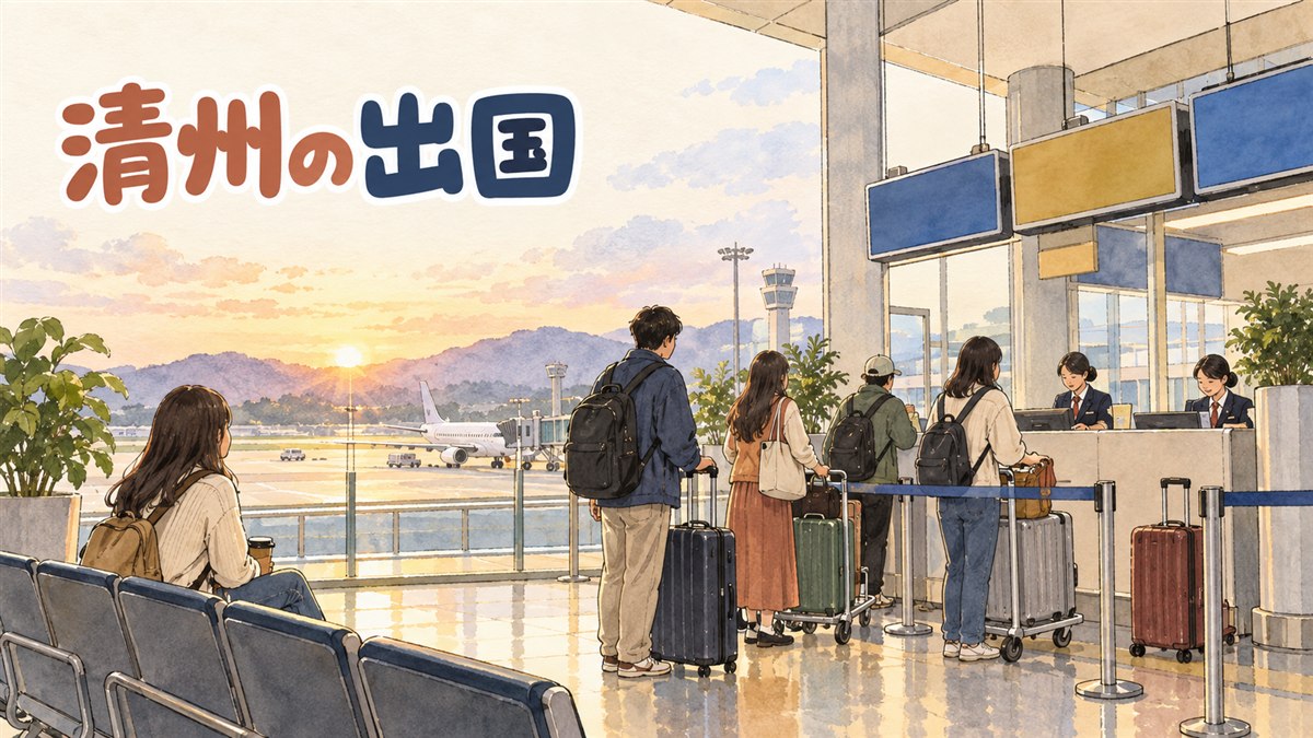 清州空港の出国ゲート前で早朝の便を待つ旅行者の情景