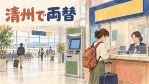 清州国際空港の到着ロビーでキャリーケースを引きながら案内表示を見上げる旅行者
