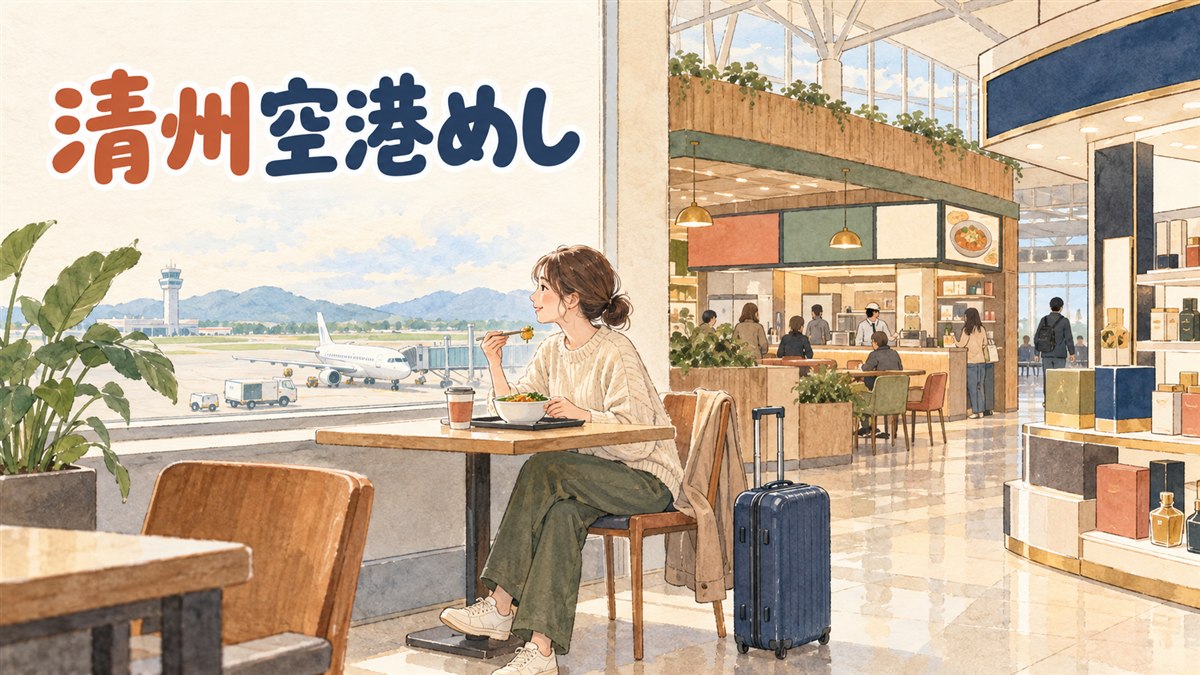 清州空港の2階ロビーに飲食店とカフェが並び旅行者が行き交う様子
