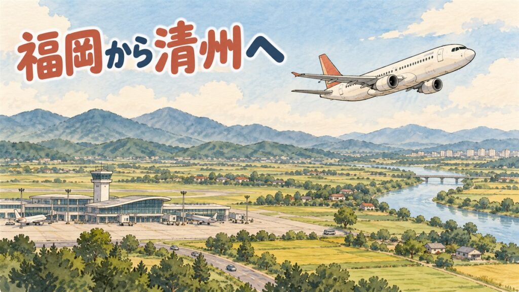 福岡空港の出発ロビーで案内表示を見上げる旅行者の後ろ姿と、清州国際空港の小さな国際線到着ロビー