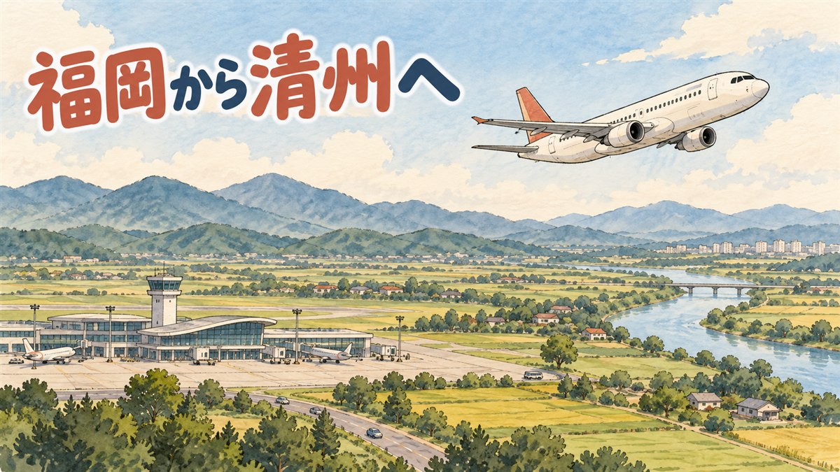 福岡空港の出発ロビーで案内表示を見上げる旅行者の後ろ姿と、清州国際空港の小さな国際線到着ロビー