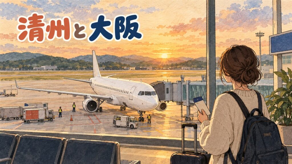 清州空港の国際線ターミナルから大阪(関西)行きの飛行機を見送る旅行者のイメージ