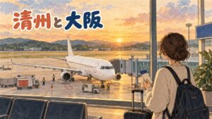 清州空港の国際線ターミナルから大阪(関西)行きの飛行機を見送る旅行者のイメージ