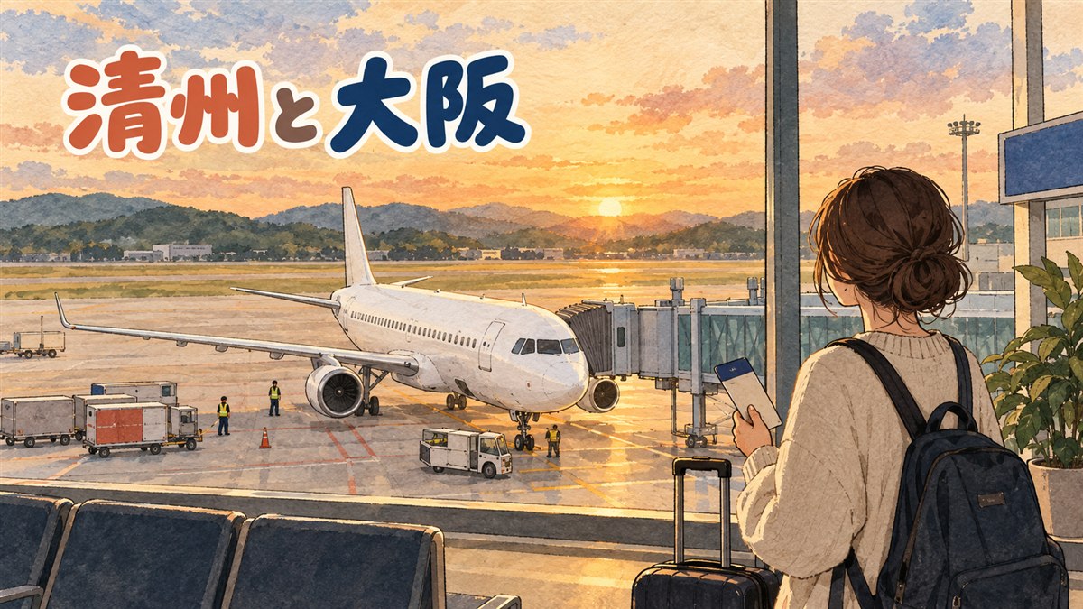 清州空港の国際線ターミナルから大阪(関西)行きの飛行機を見送る旅行者のイメージ