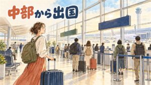 中部国際空港セントレアの出発ロビーでスーツケースを引きながら電光掲示板を見上げる旅行者の様子
