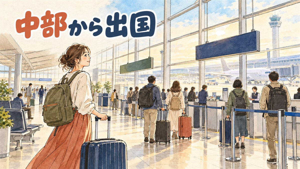 中部国際空港セントレアの出発ロビーでスーツケースを引きながら電光掲示板を見上げる旅行者の様子