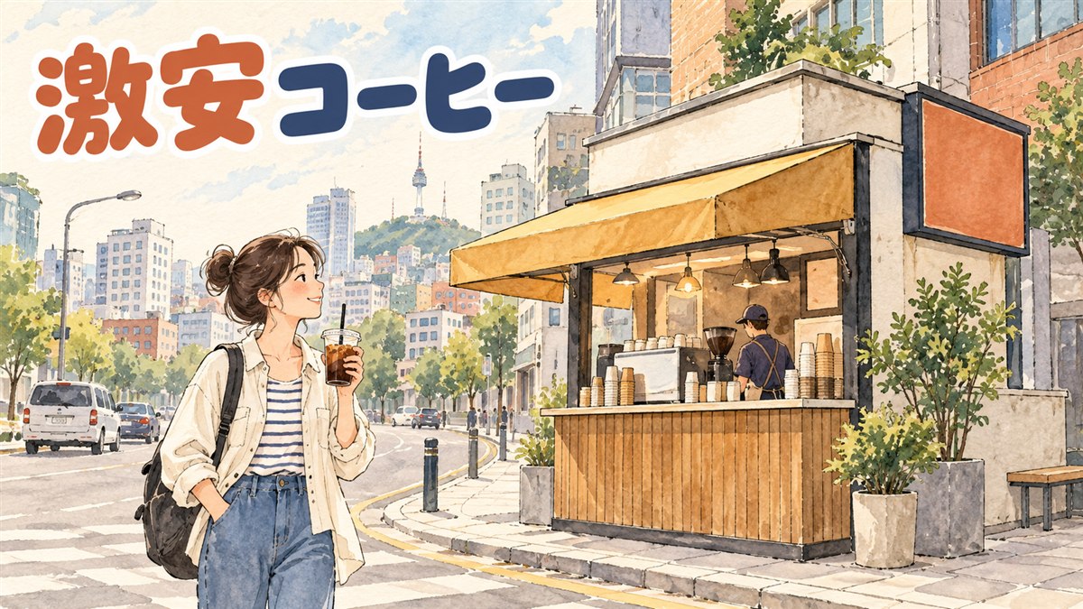コンポーズコーヒーのテイクアウトカップを持つ女性が韓国の街角に立っている情景