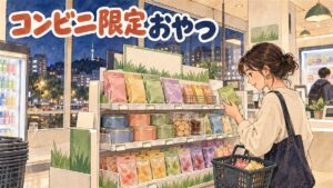 ソウルのコンビニの特設棚に並んだポップコーンの袋やクッキー缶、ゼリーなどのコラボお菓子