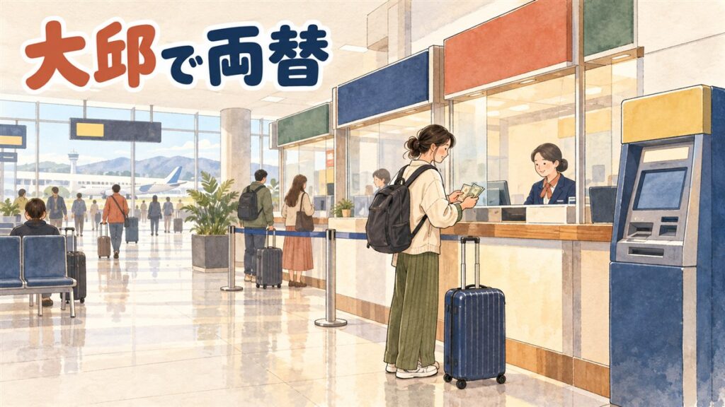 大邱国際空港の到着ロビーで両替窓口を探す旅行者のイメージ
