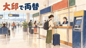 大邱国際空港の到着ロビーで両替窓口を探す旅行者のイメージ