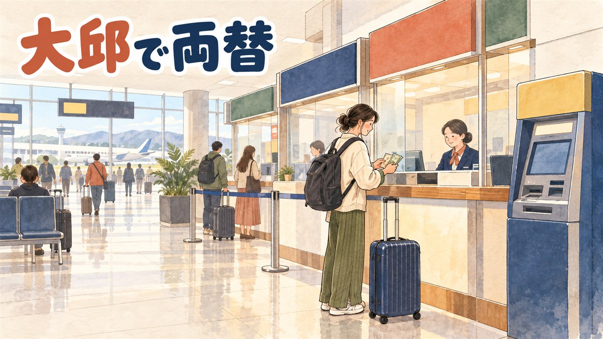 大邱国際空港の到着ロビーで両替窓口を探す旅行者のイメージ
