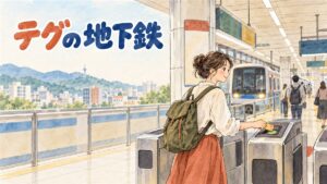 大邱の地下鉄駅の改札でICカードをタッチして乗車する様子